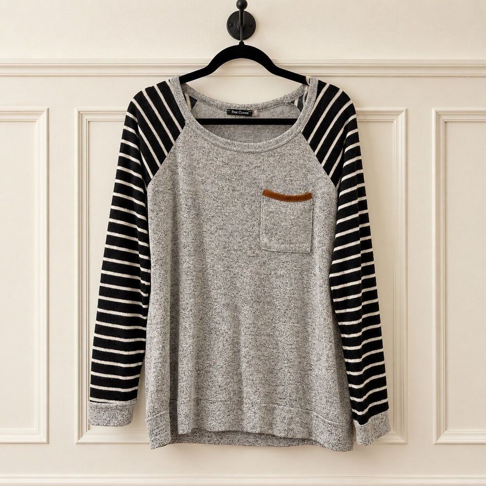 {Pink Clover} gray striped-sleeve elbow-patch knit top, M.